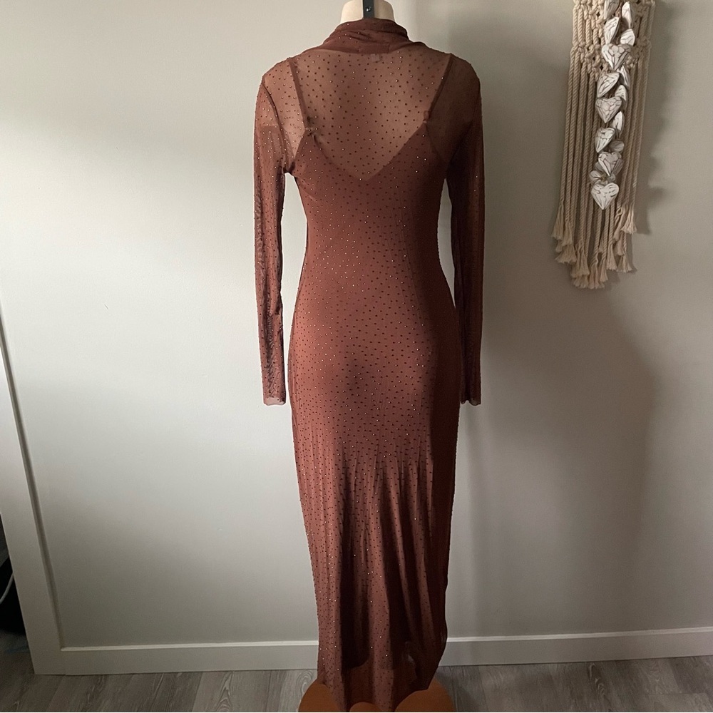 AFRM Shailene Rhinestone Turtleneck Dress Midi Embellished Mesh Brown Medium - Picture 2 of 11